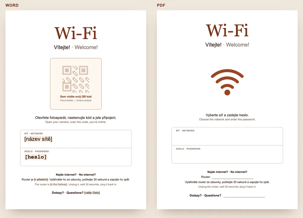 Náhled cedulky s Wi-Fi od GuestQR: vlevo vzor ve Wordu s místem pro QR kód, vpravo PDF k vyplnění rukou