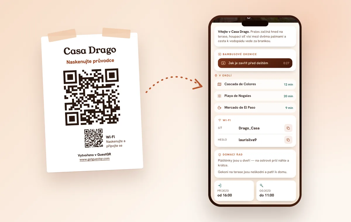 Plakát s QR kódem a malým kódem na Wi-Fi na zdi bytu a stejný průvodce se sítí a heslem v telefonu hosta
