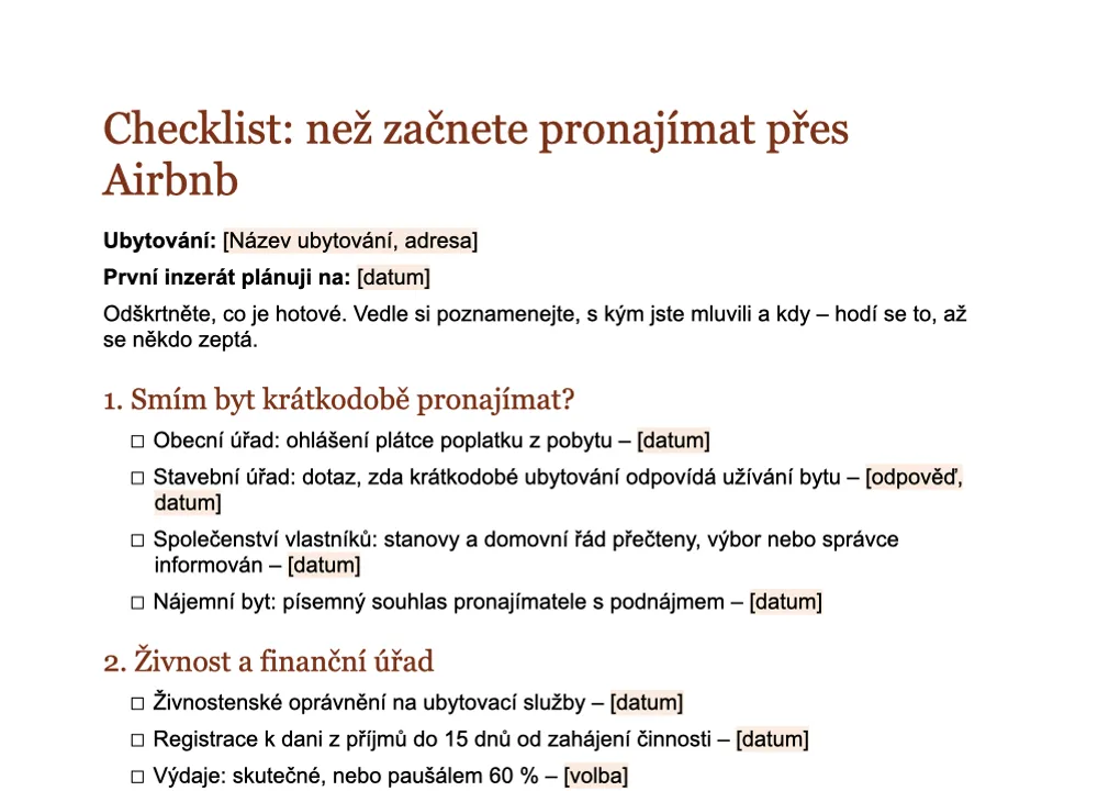 Náhled checklistu „Než začnete pronajímat přes Airbnb“ od GuestQR k odškrtávání ve Wordu