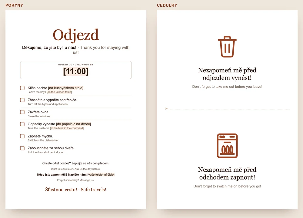 Náhled vzoru GuestQR: vlevo pokyny k odjezdu s časem a šesti body, vpravo dvě cedulky na koš a na myčku