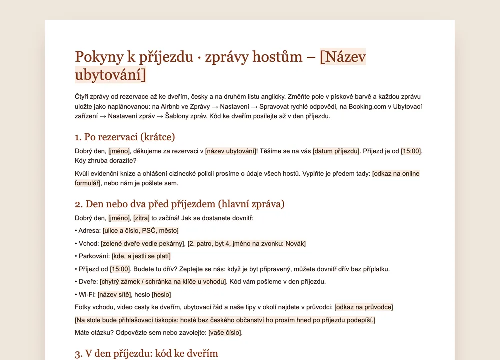 Náhled vzoru GuestQR: čtyři zprávy hostům od rezervace po kód ke dveřím, s poli v pískové barvě k vyplnění