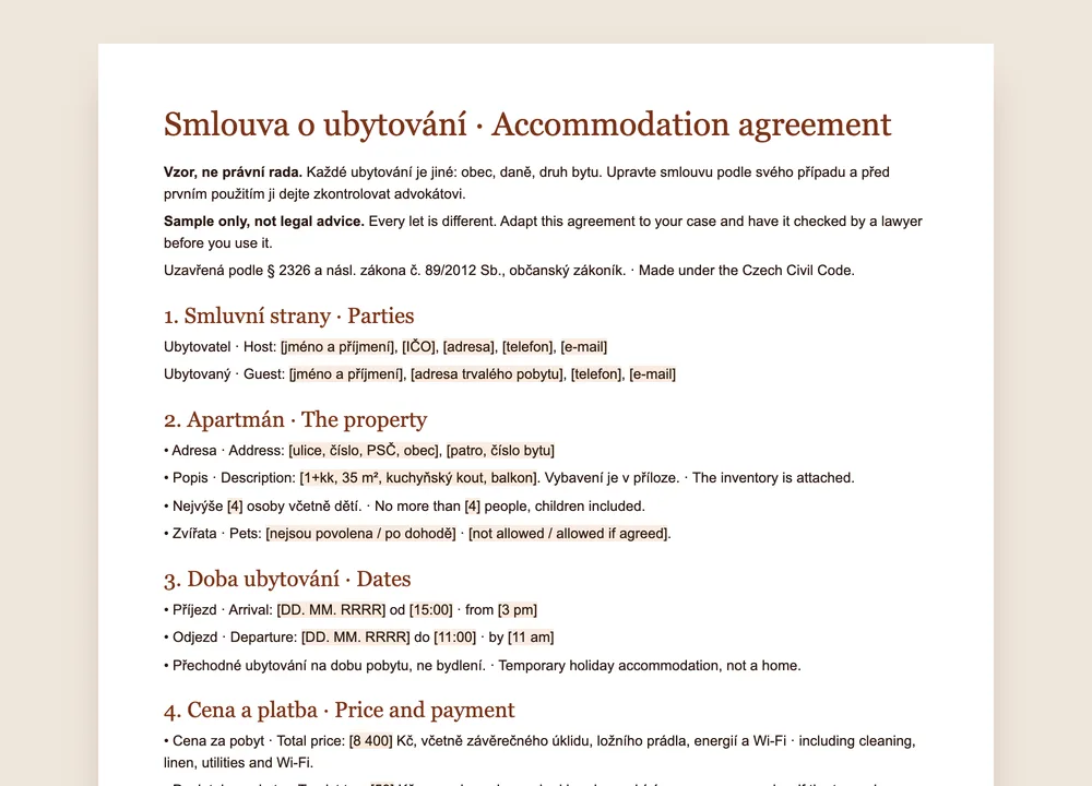 Náhled vzoru smlouvy o ubytování GuestQR česky a anglicky, pro Word a PDF