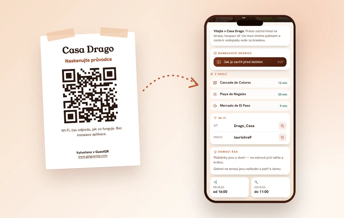 QR plakát na zdi apartmánu a stejný průvodce v telefonu, s ubytovacím řádem