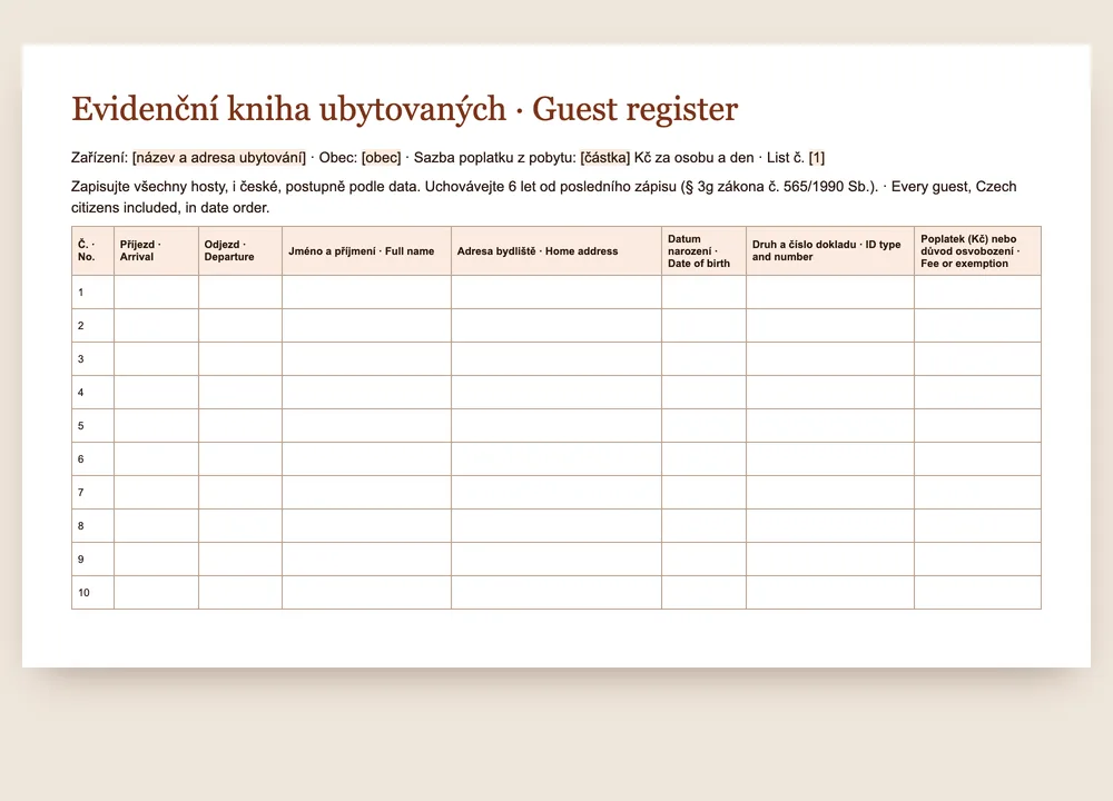 Náhled vzoru ubytovací knihy GuestQR: evidenční kniha hostů česky a anglicky