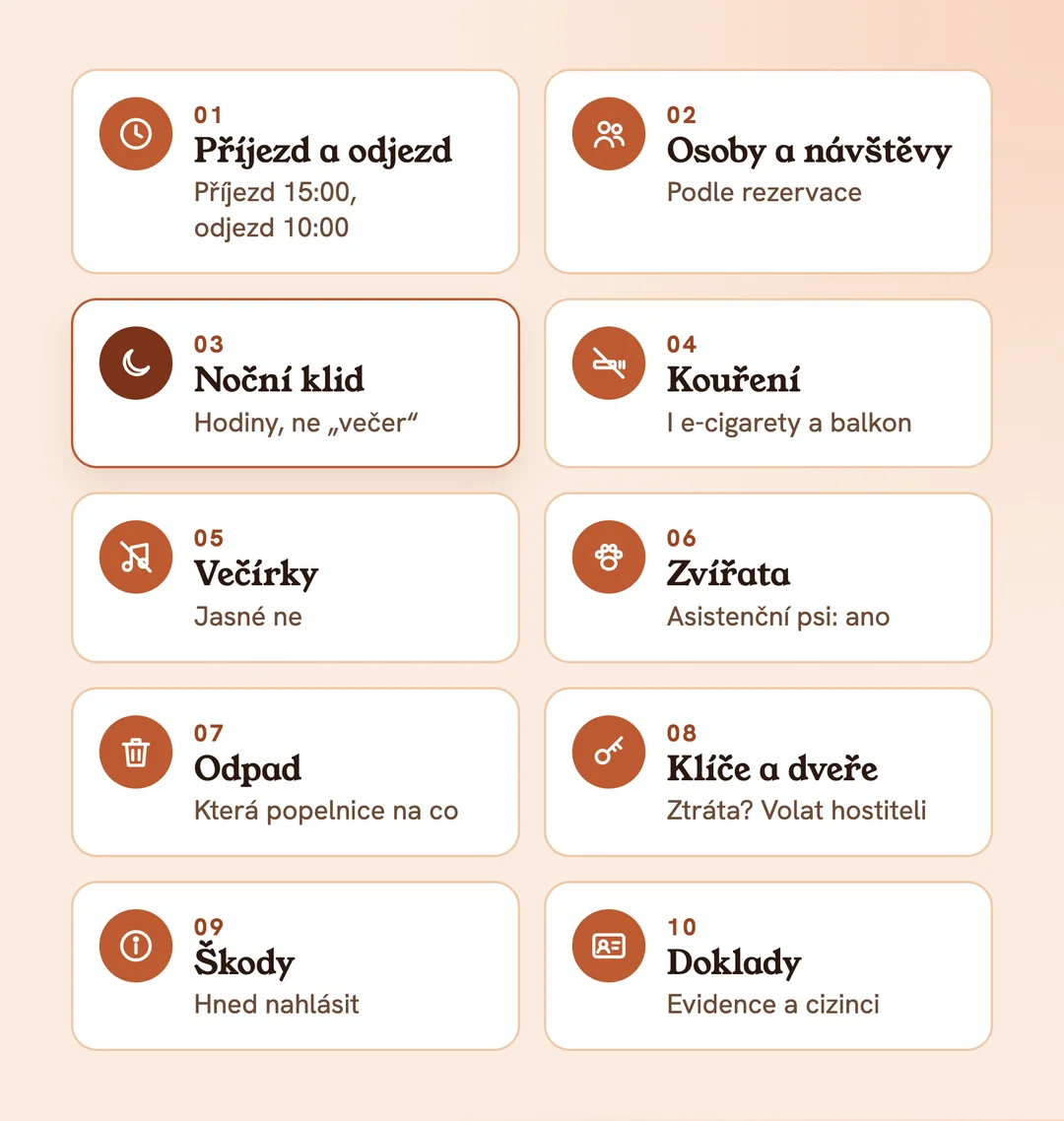 10 bodů ubytovacího řádu: příjezd a odjezd, osoby a návštěvy, noční klid, kouření, večírky, zvířata, odpad, klíče, škody, doklady