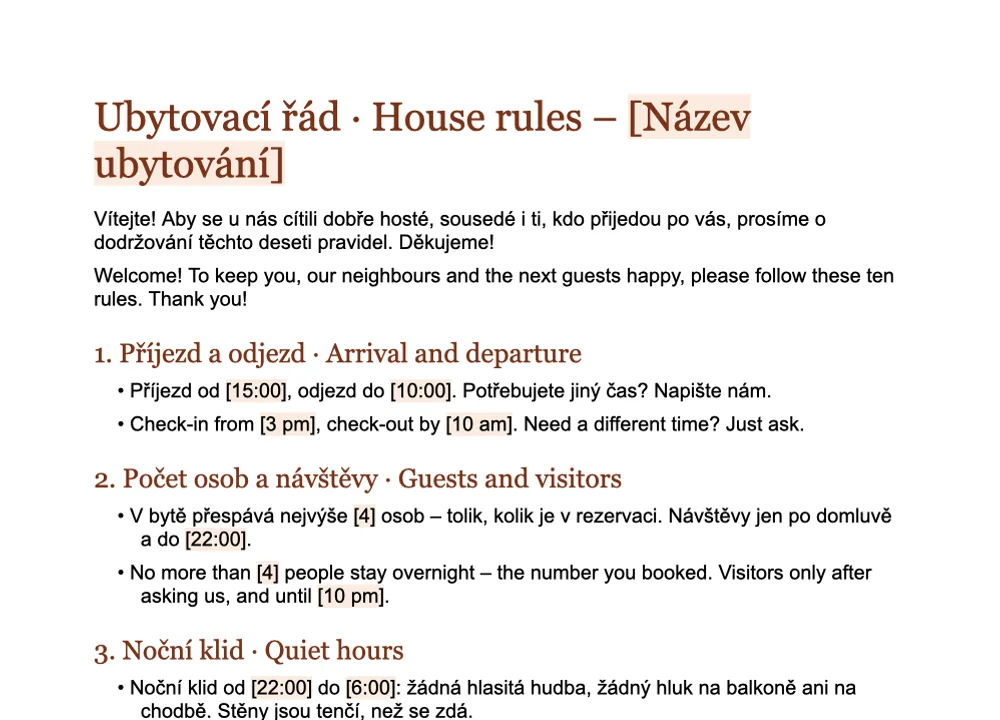 Náhled vzoru ubytovacího řádu od GuestQR v češtině a angličtině ve Wordu