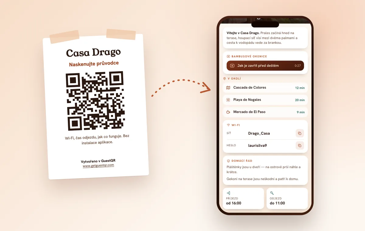 Plakát s QR kódem na zdi bytu a stejný průvodce otevřený v telefonu hosta