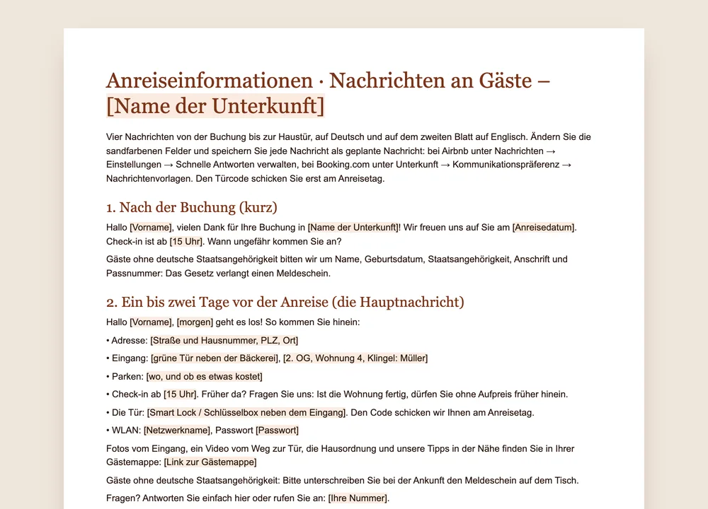 Vorschau der GuestQR-Vorlage: vier Nachrichten an Gäste, von der Buchung bis zum Türcode, mit sandfarbenen Feldern zum Ausfüllen