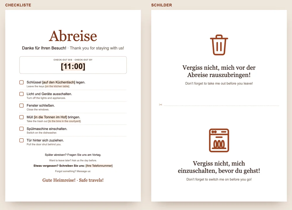 Vorschau der Vorlage von GuestQR: links die Checkliste für die Abreise mit Check-out-Zeit und sechs Punkten, rechts zwei Schilder für Mülleimer und Spülmaschine