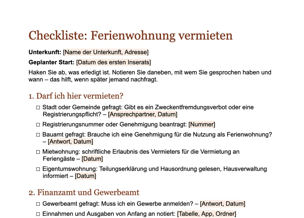 Vorschau der Checkliste „Ferienwohnung vermieten“ von GuestQR zum Abhaken in Word