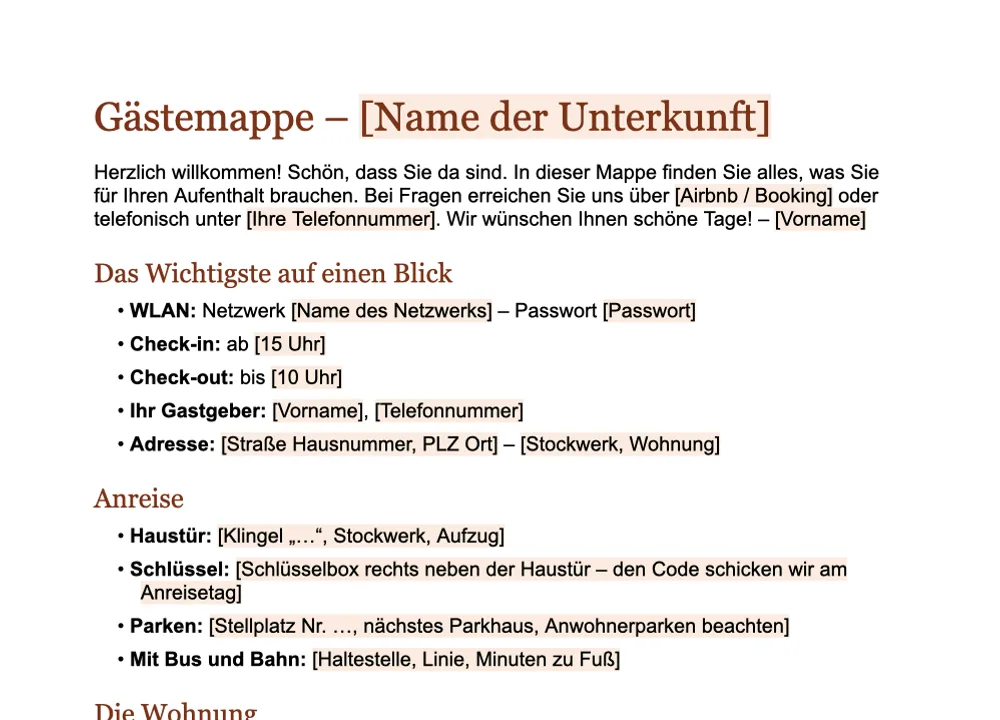 Vorschau der Gästemappe-Vorlage von GuestQR zum Ausfüllen in Word