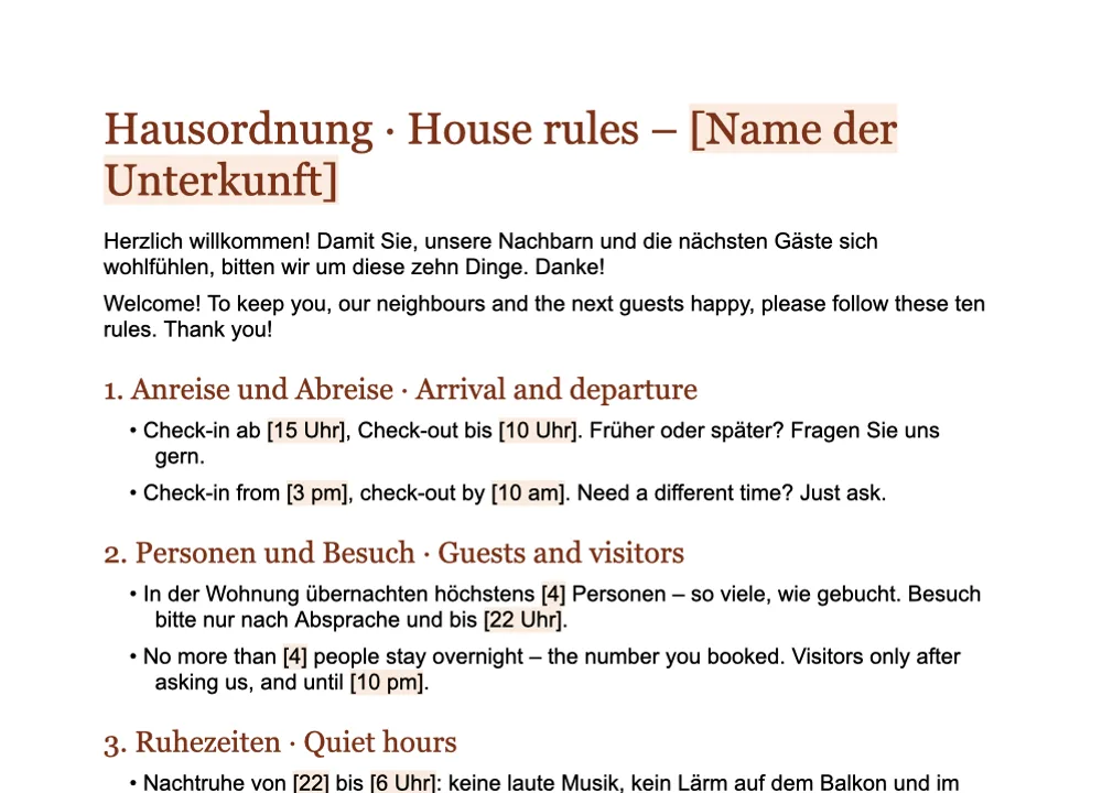Vorschau der Hausordnung für die Ferienwohnung von GuestQR auf Deutsch und Englisch, Vorlage für Word