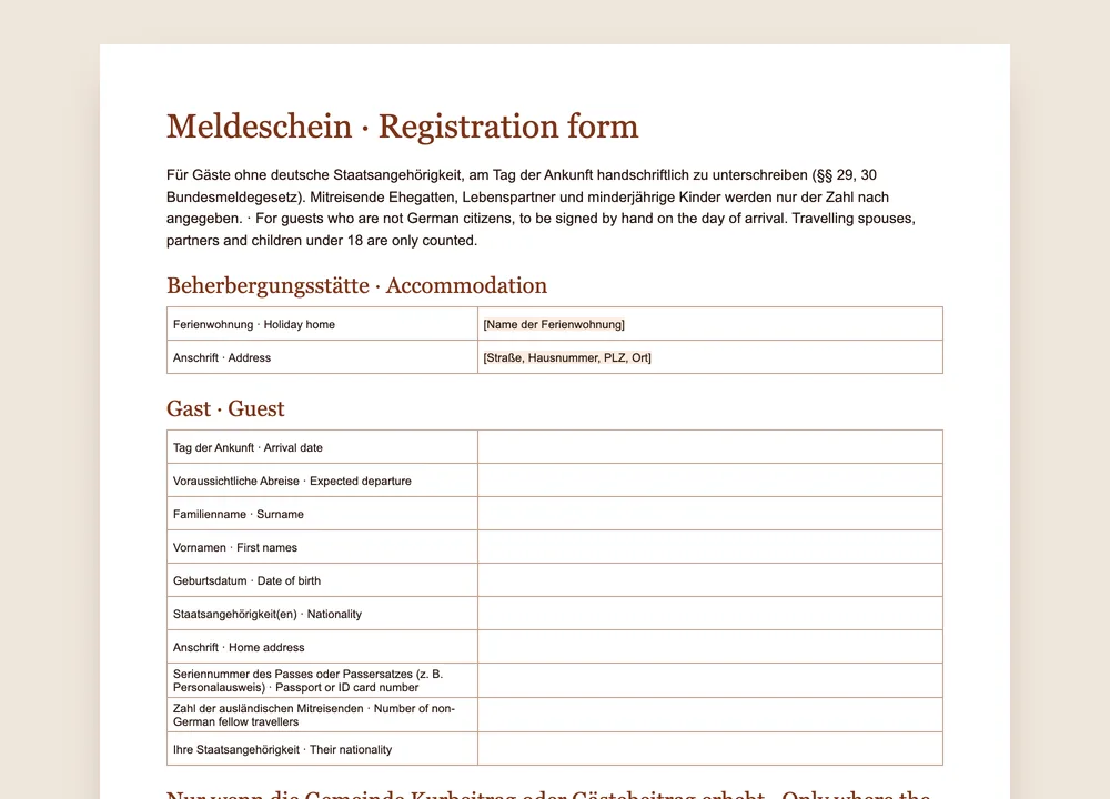 Vorschau der Meldeschein-Vorlage von GuestQR auf Deutsch und Englisch
