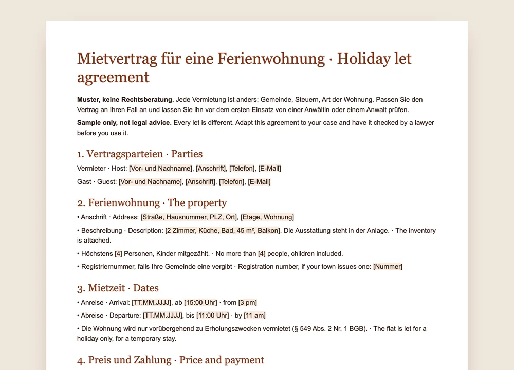 Vorschau des Mietvertrags für die Ferienwohnung von GuestQR auf Deutsch und Englisch, Vorlage für Word und PDF