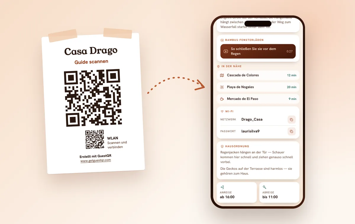 QR-Poster mit kleinem WLAN-Code an der Wand der Ferienwohnung und dieselbe Gästemappe mit Netzwerk und Passwort auf dem Handy