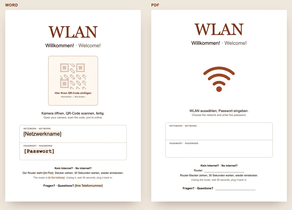 Vorschau des WLAN-Schilds von GuestQR: links die Word-Vorlage mit Platz für den QR-Code, rechts das PDF zum Ausfüllen von Hand