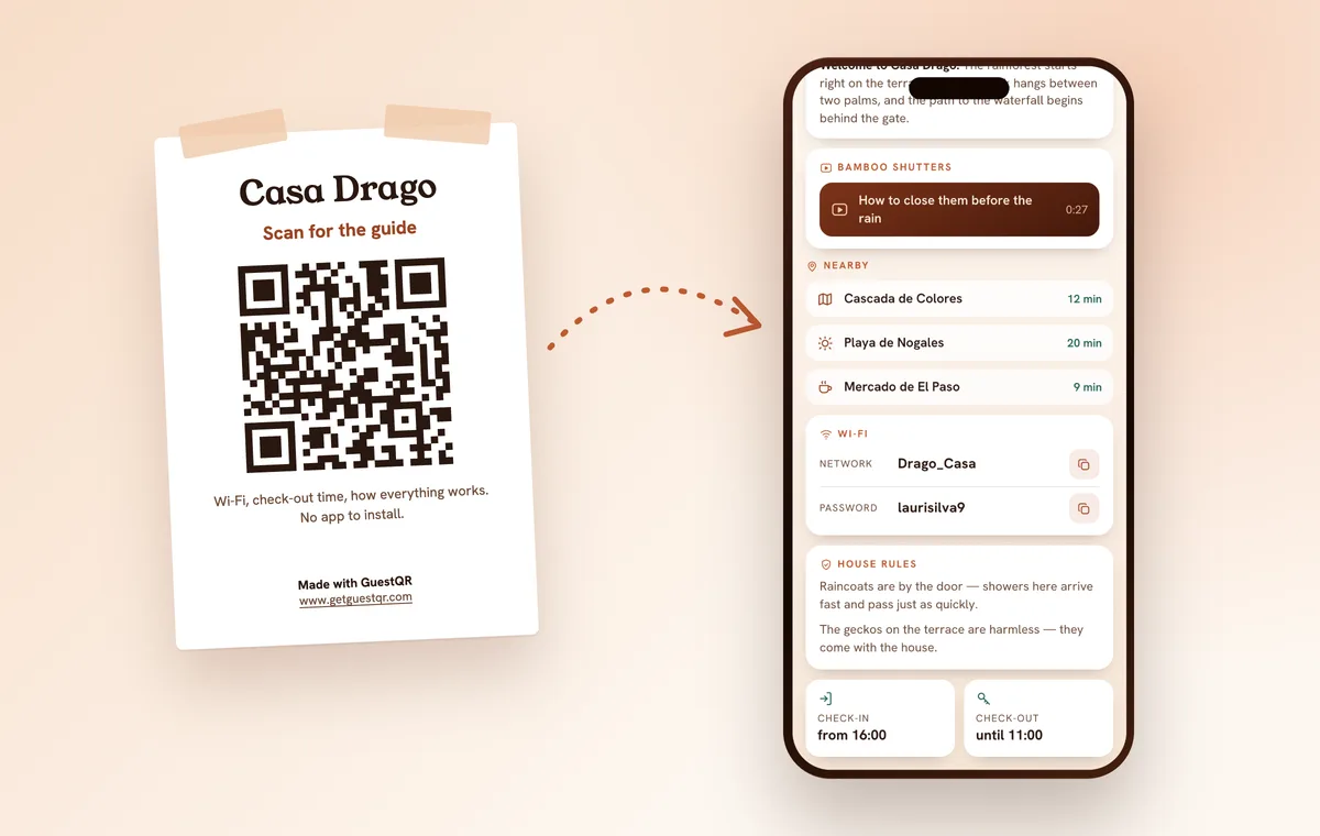 QR code poster on the wall of the home and the same guide open on the guest’s phone
