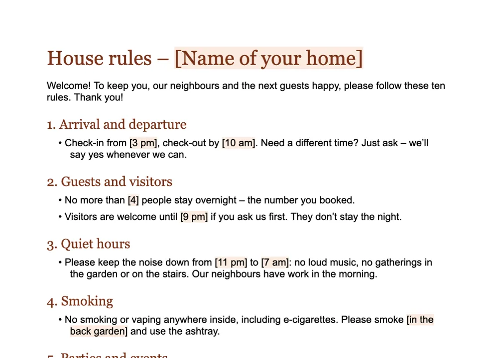 Preview of the GuestQR house rules template for Airbnb hosts in Word