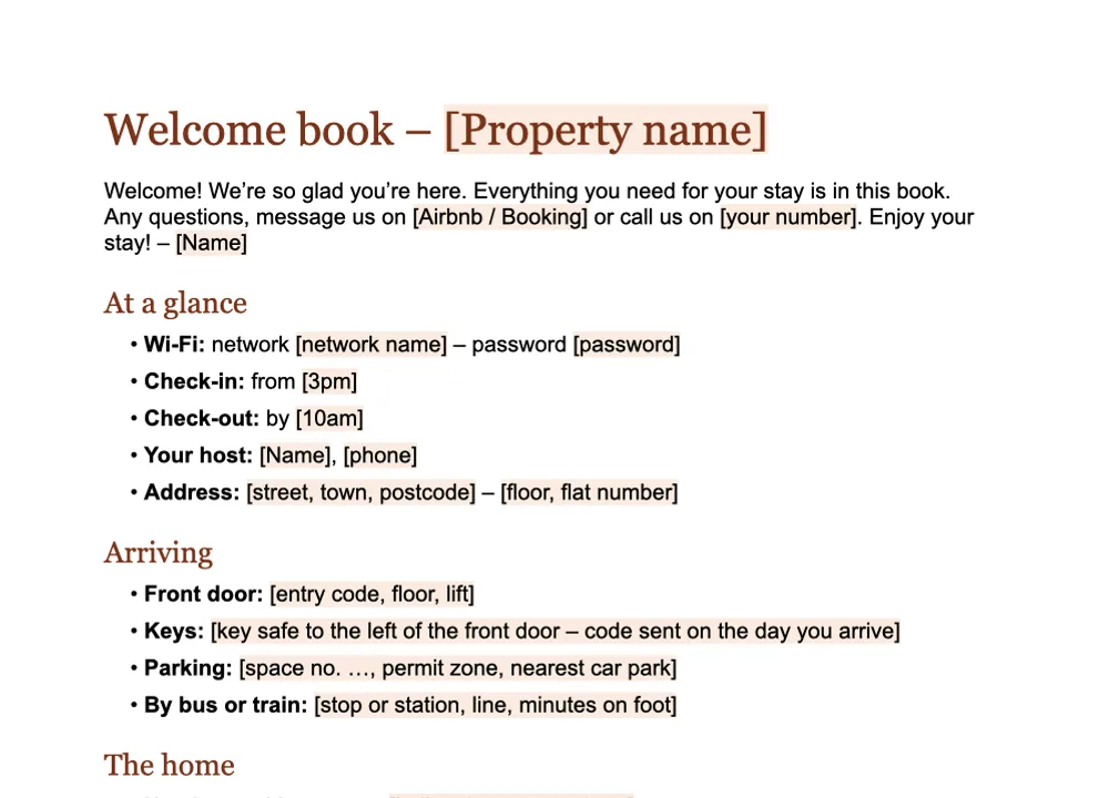 Preview of the GuestQR welcome book template, ready to fill in with Word