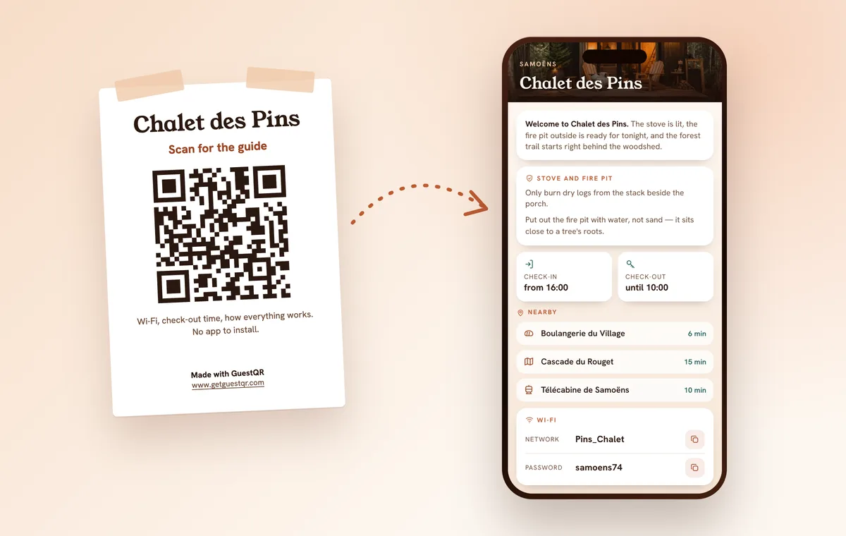 QR poster on the wall of the holiday let and the same guide on a phone, with the check-in time and how to get in