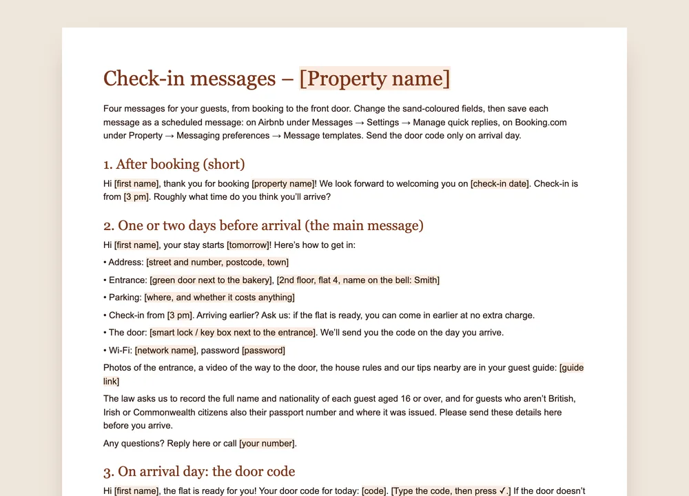 Preview of the GuestQR template: four check-in messages, from booking to the door code, with sand-coloured fields to fill in