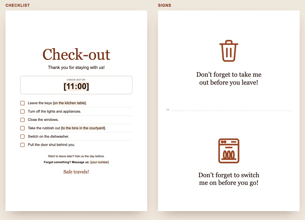 Preview of the GuestQR template: on the left the checkout instructions with the time and six points, on the right two signs for the bin and the dishwasher