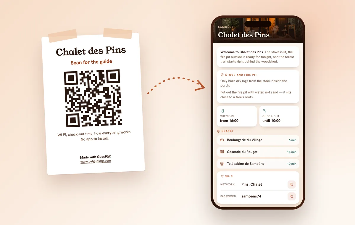QR code poster on the wall of the home and the same guide open on the guest’s phone