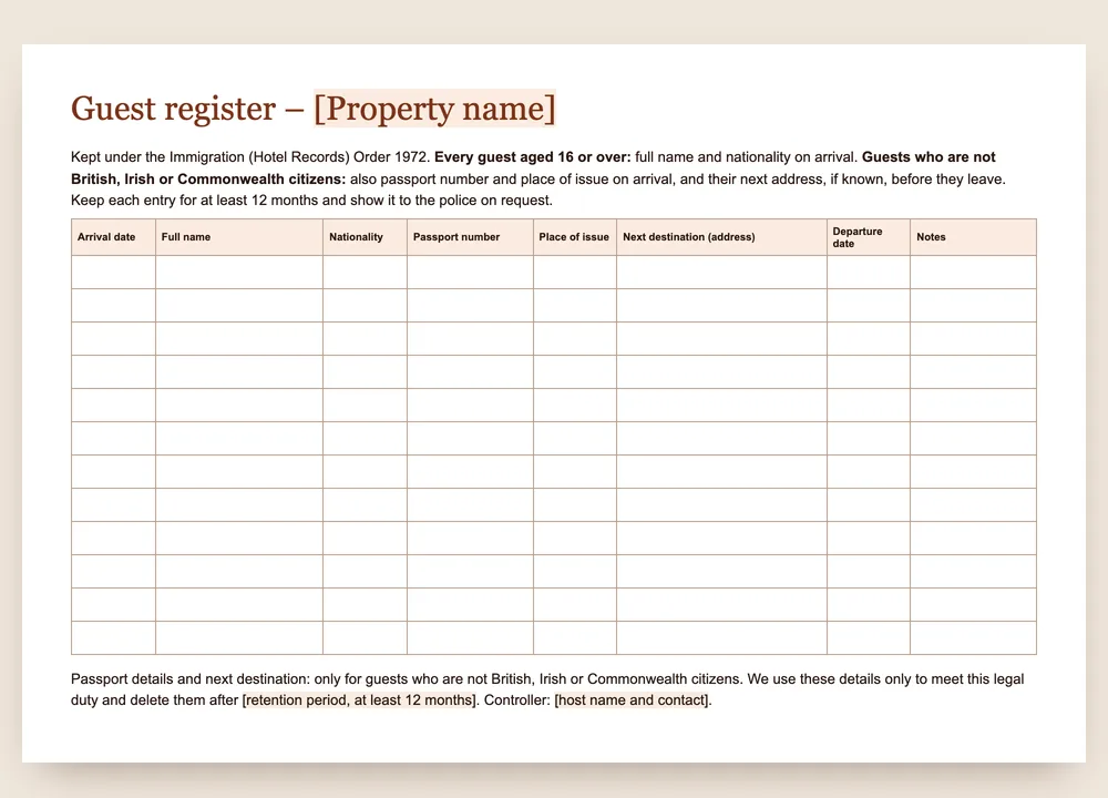 Preview of the GuestQR guest register template for UK holiday lets