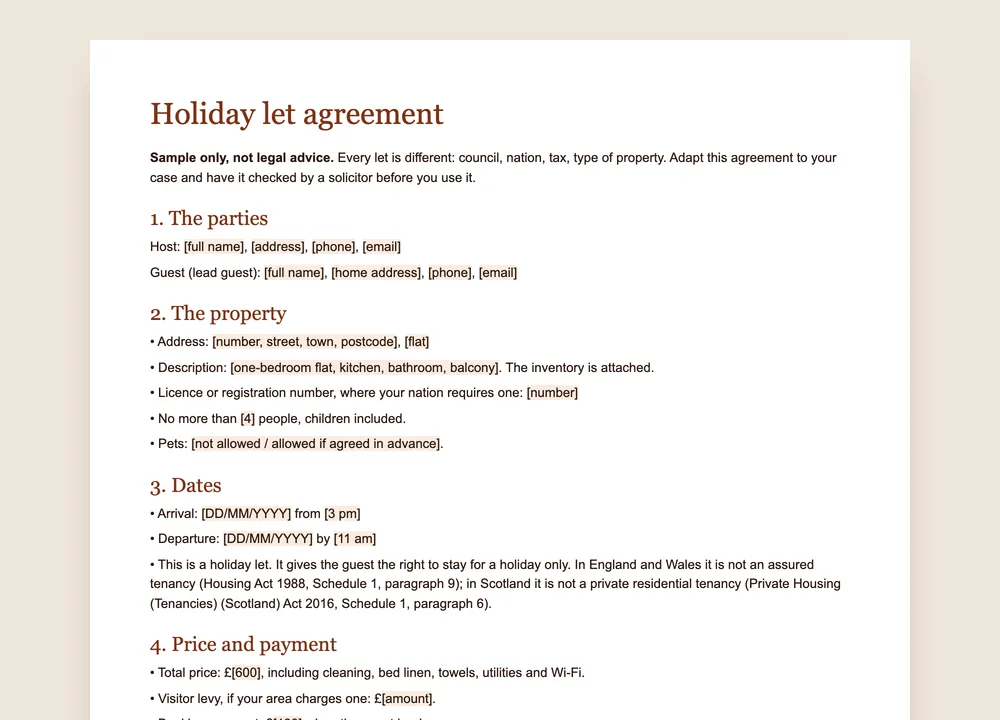 Preview of the GuestQR holiday let agreement template for Word and PDF