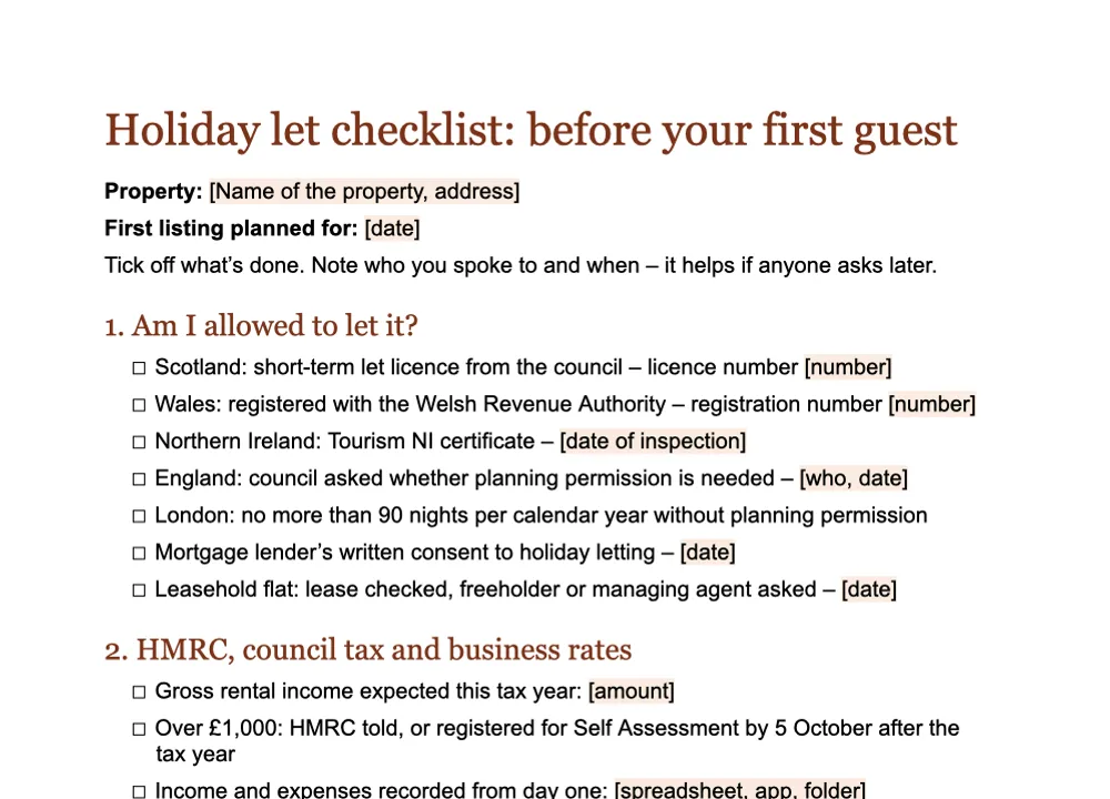 Preview of the GuestQR holiday let checklist, ready to tick off in Word