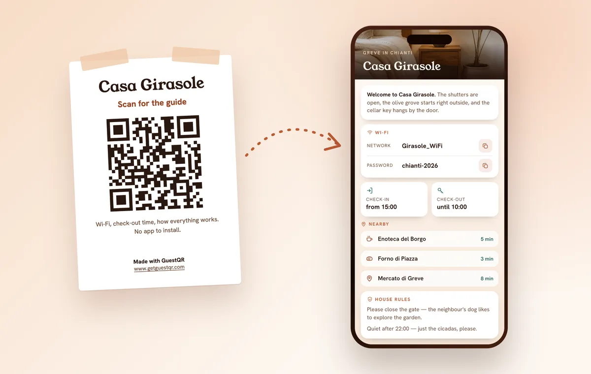 QR code poster on the wall of the home and the same guide open on the guest’s phone