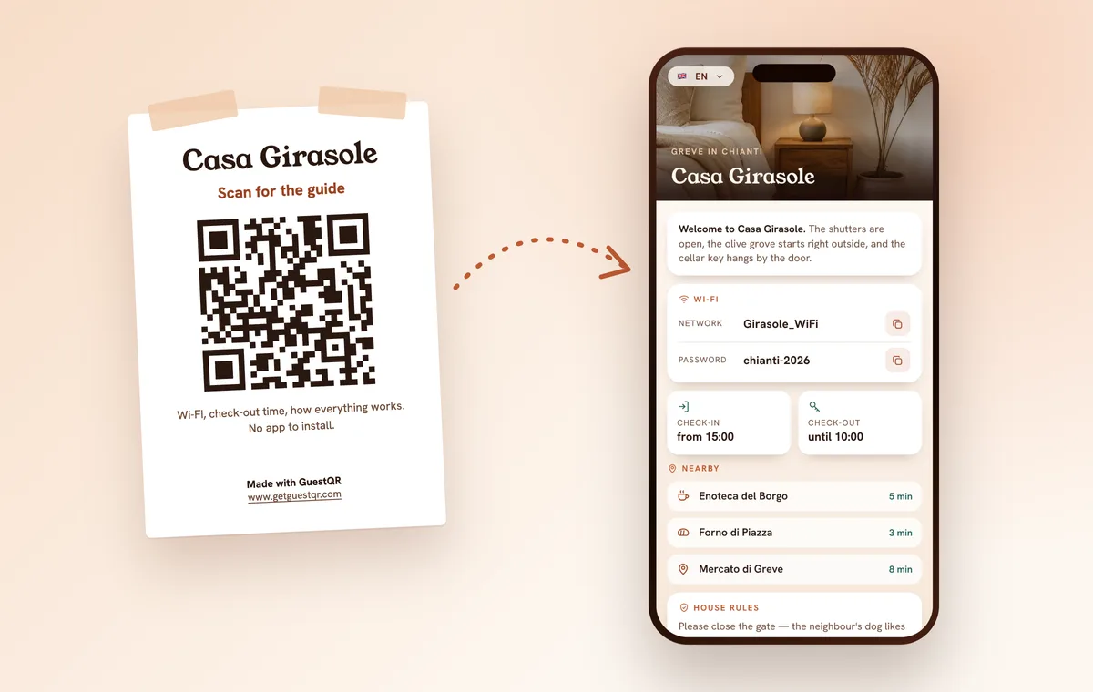 QR code poster on the wall of the home and the same guide open on the guest’s phone