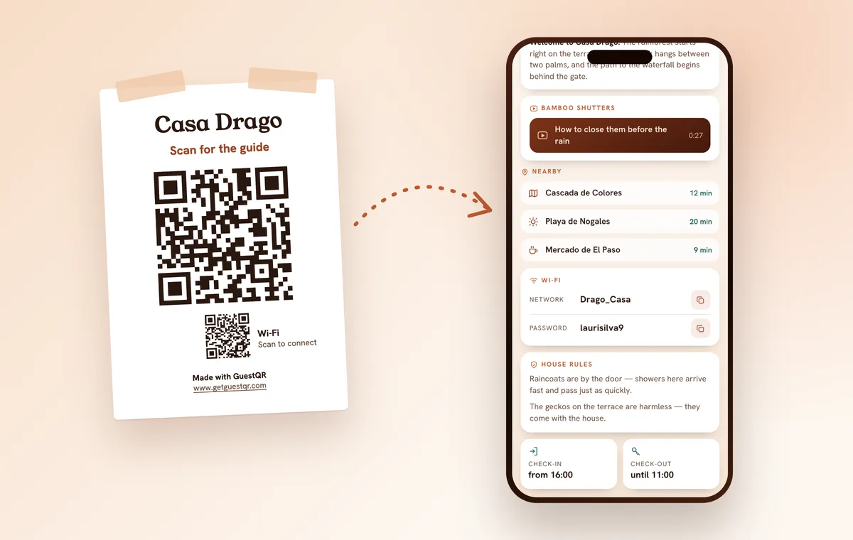 QR code poster with a small Wi-Fi code on the wall of the home and the same guide with network and password on the guest’s phone