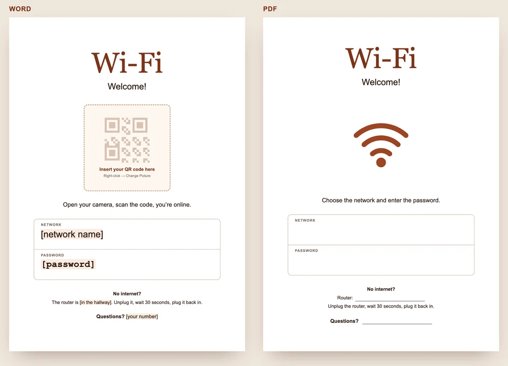 Preview of the GuestQR Wi-Fi password sign: the Word template with space for a QR code on the left, the PDF to fill in by hand on the right