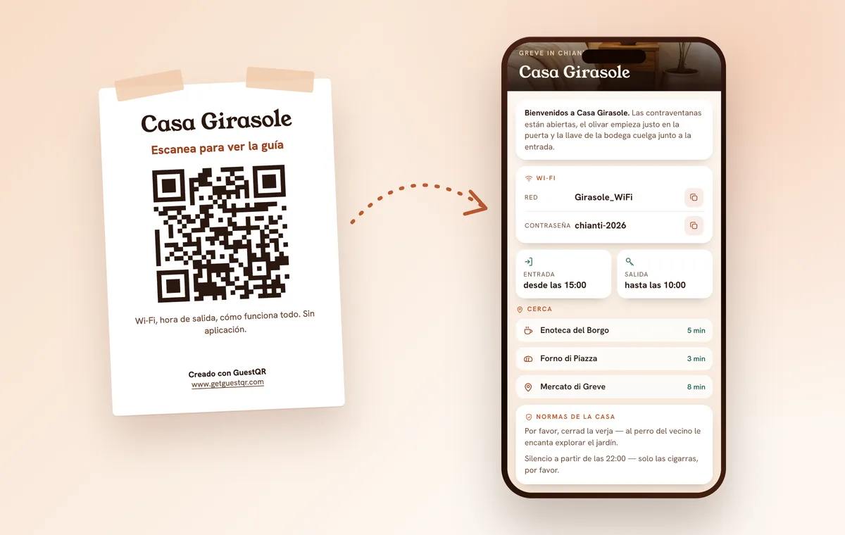 Póster con código QR colgado en casa y la misma guía abierta en el móvil del huésped