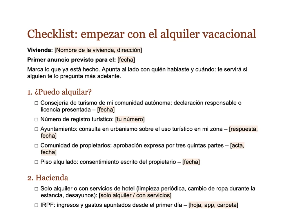 Vista previa de la checklist «Empezar con el alquiler vacacional» de GuestQR para marcar en Word