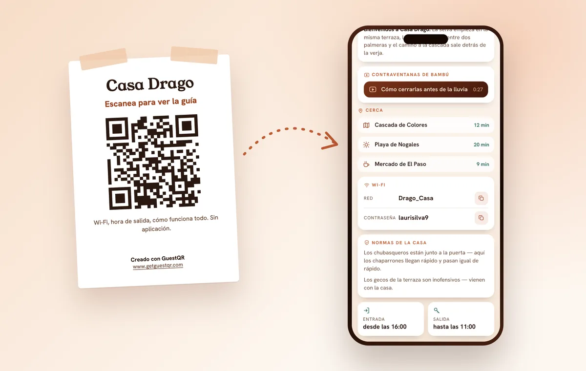 Cartel QR en la pared del piso turístico y la misma guía en el móvil, con las normas de la casa