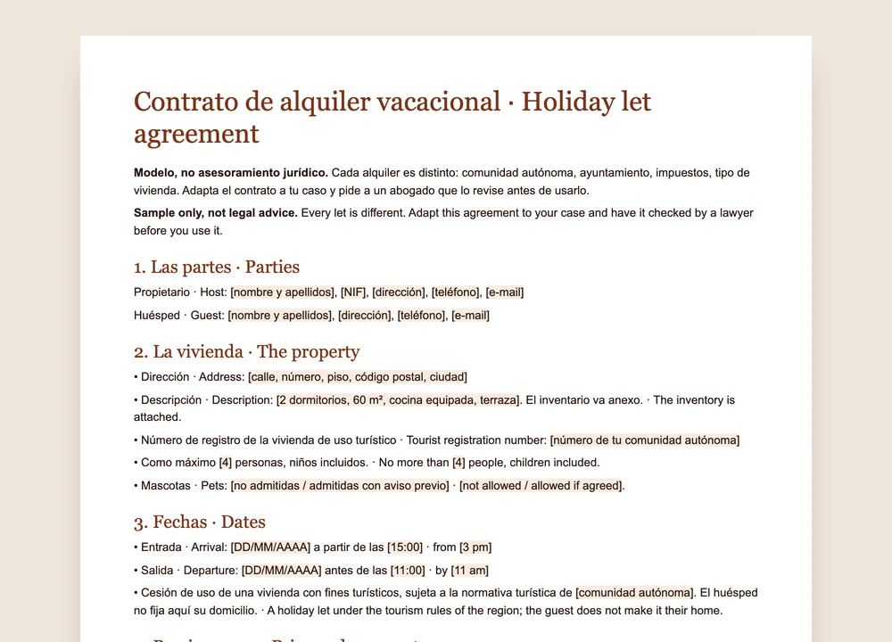 Vista previa del modelo de contrato de alquiler vacacional de GuestQR, en español e inglés, para Word y PDF