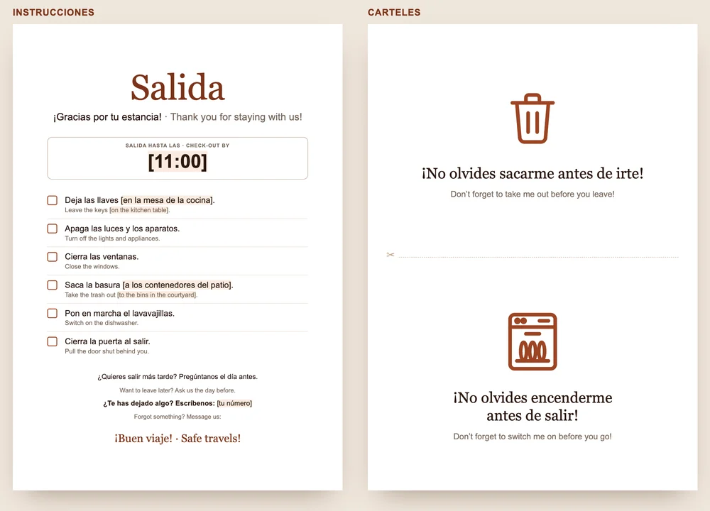 Vista previa de la plantilla de GuestQR: a la izquierda las instrucciones de salida con la hora y seis puntos, a la derecha dos carteles para el cubo de basura y el lavavajillas