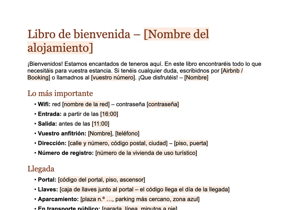 Vista previa de la plantilla de libro de bienvenida de GuestQR para rellenar en Word