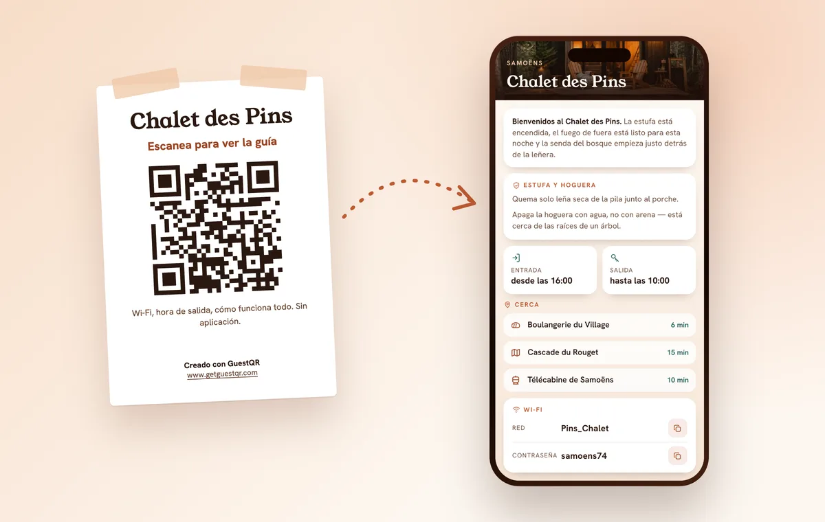 Póster con código QR colgado en casa y la misma guía abierta en el móvil del huésped