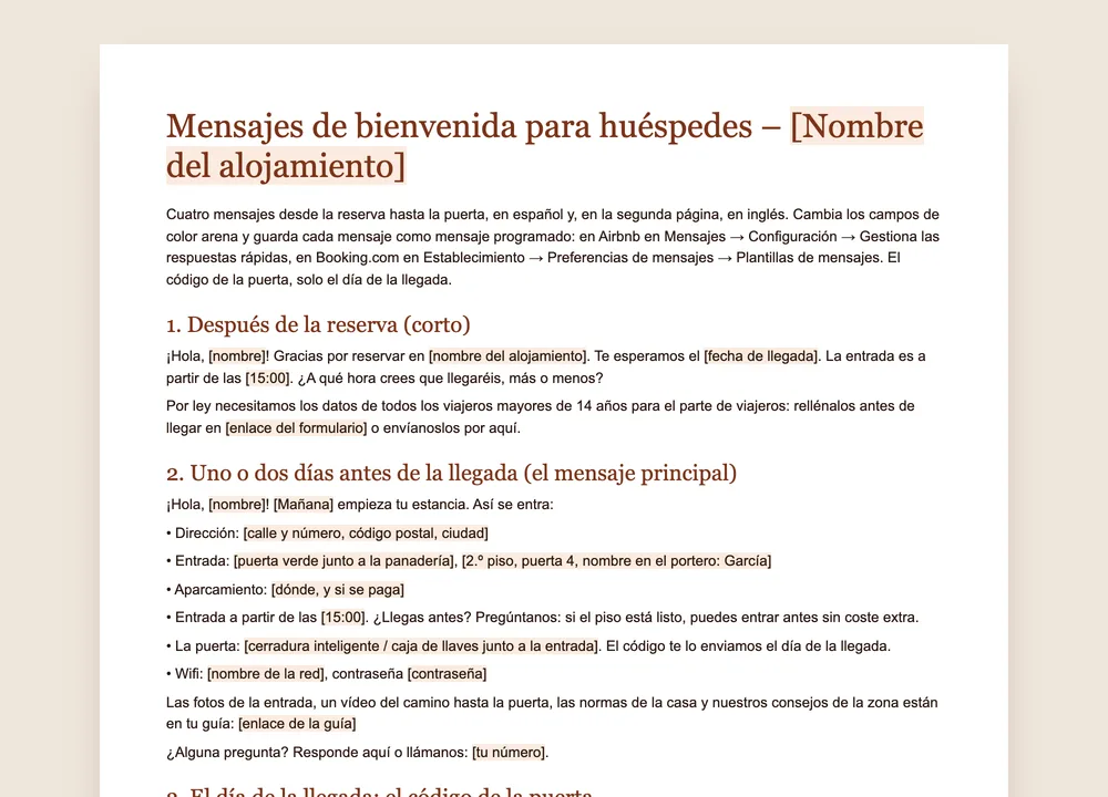 Vista previa de la plantilla de GuestQR: cuatro mensajes para huéspedes, desde la reserva hasta el código de la puerta, con campos de color arena para rellenar