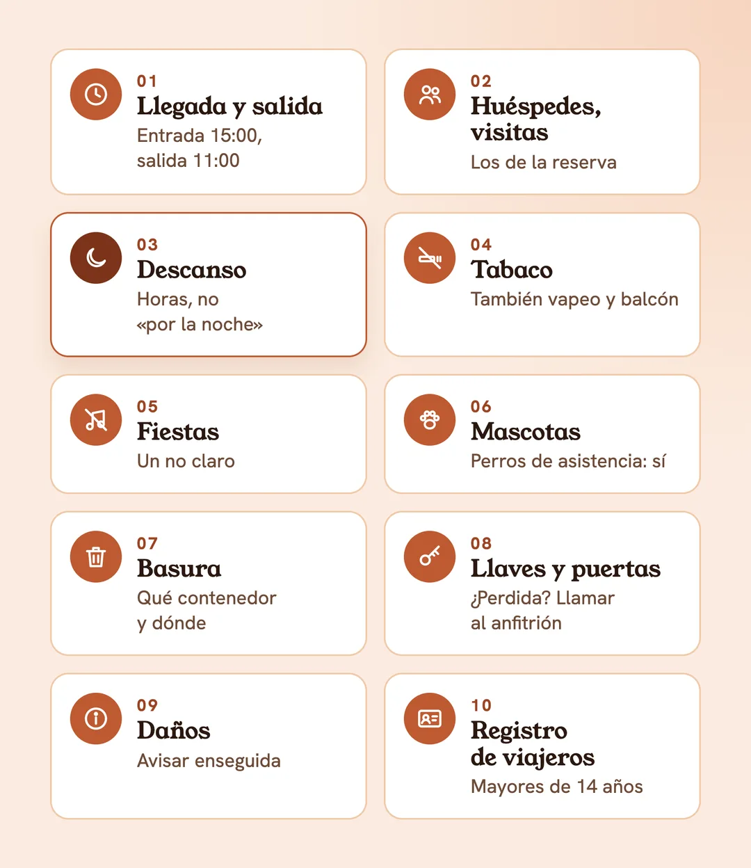 Las 10 normas de la casa para Airbnb: llegada y salida, huéspedes y visitas, descanso, tabaco, fiestas, mascotas, basura, llaves, daños, registro de viajeros