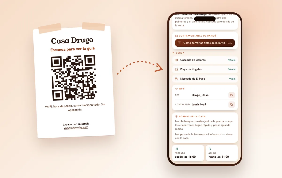 Póster con código QR colgado en casa y la misma guía abierta en el móvil del huésped