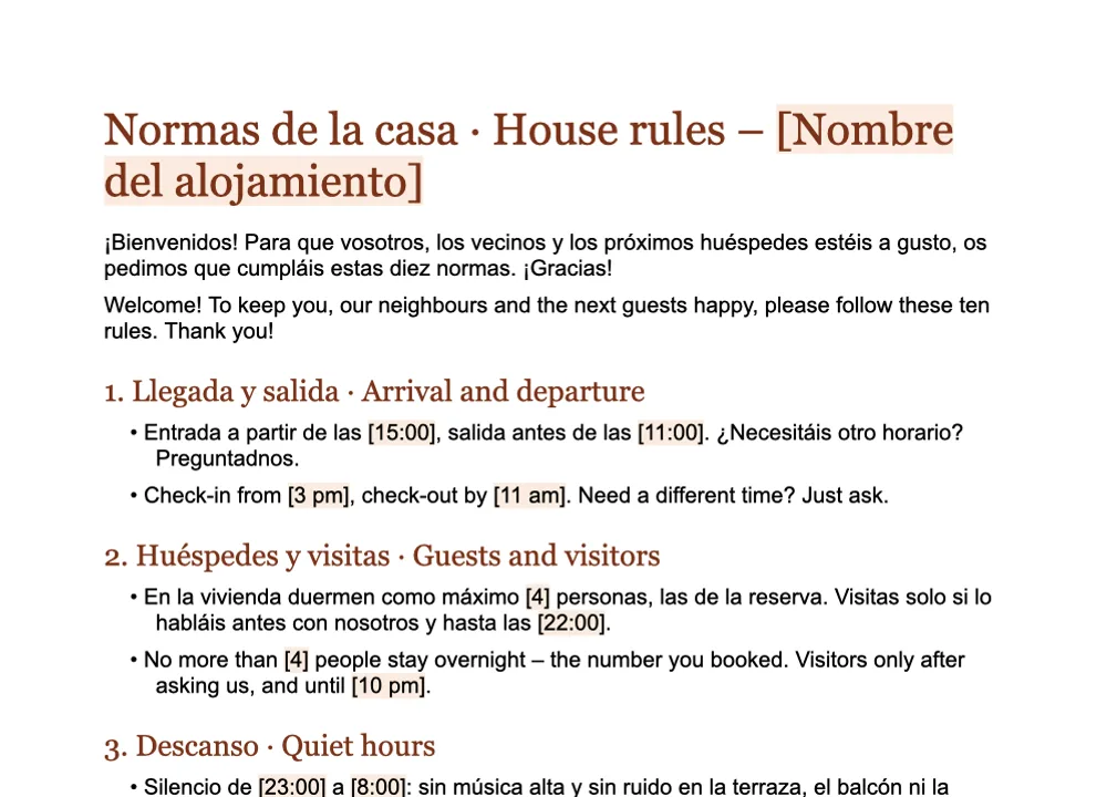 Vista previa de la plantilla de normas de la casa de GuestQR en español e inglés, en Word