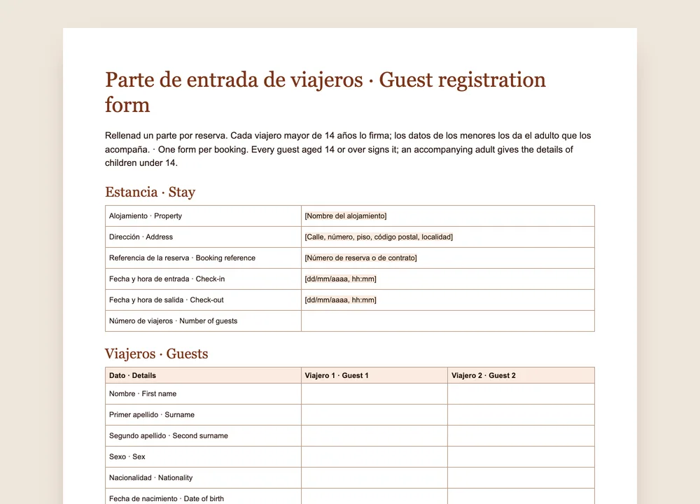 Vista previa del modelo de parte de entrada de viajeros de GuestQR en español e inglés