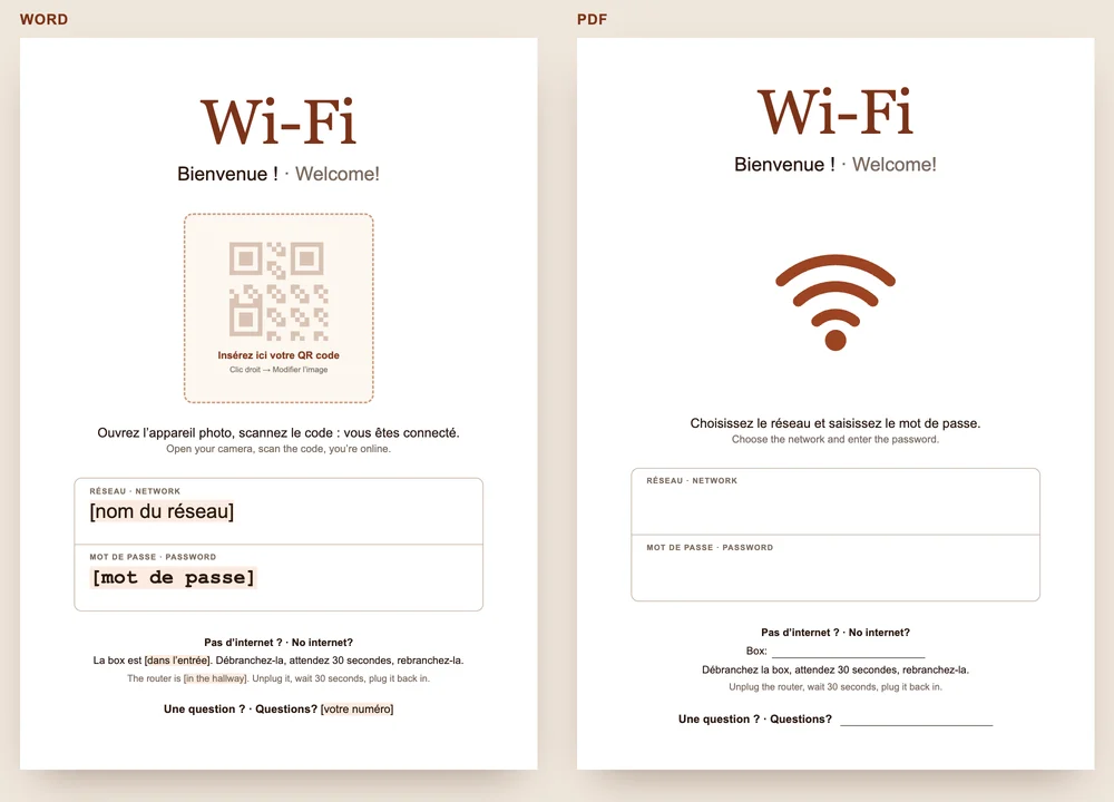 Aperçu de l’affiche Wi-Fi GuestQR : à gauche le modèle Word avec la place du QR code, à droite le PDF à remplir à la main