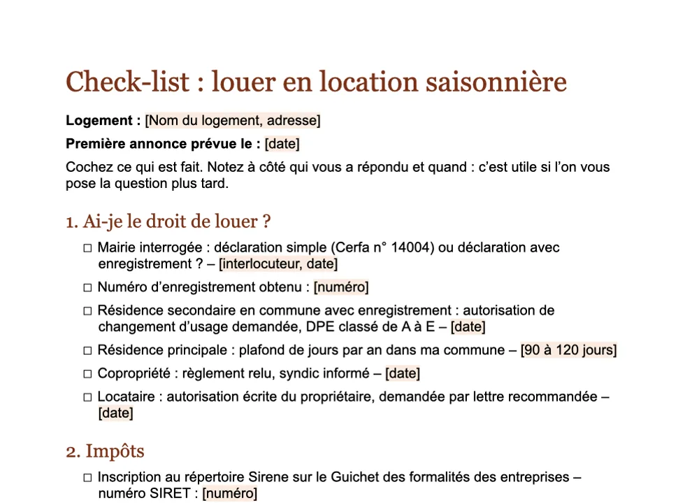 Aperçu de la check-list « Louer en location saisonnière » de GuestQR à cocher dans Word