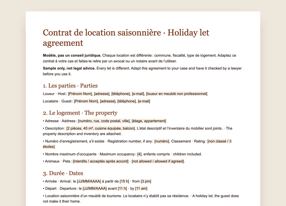 Aperçu du modèle de contrat de location saisonnière de GuestQR, en français et en anglais, pour Word et PDF