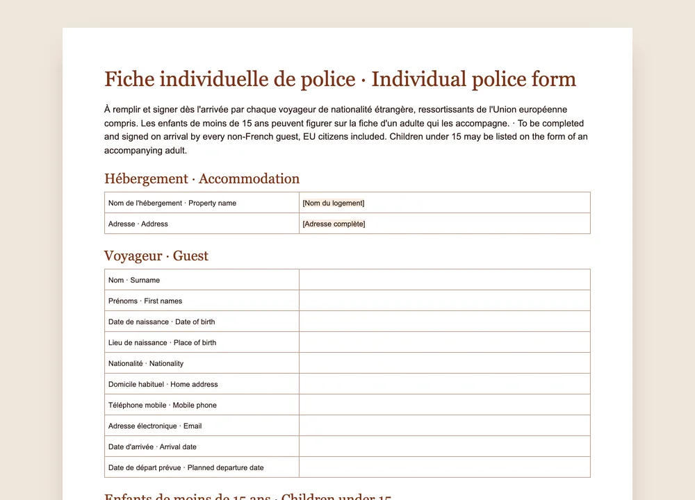 Aperçu du modèle de fiche individuelle de police GuestQR en français et en anglais